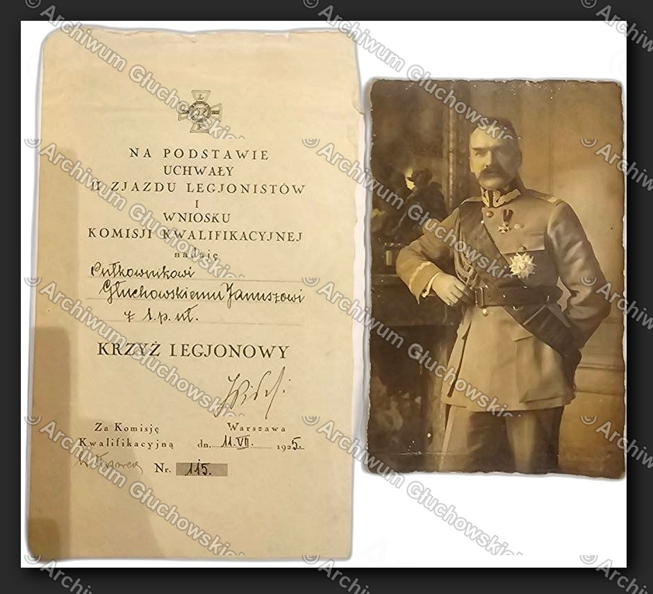 Zestaw 2 obiektow: Dyplom Krzyza Legjonowego Nr 115 (1925) + fotografia portretowa Jozefa Pilsudskiego (master)