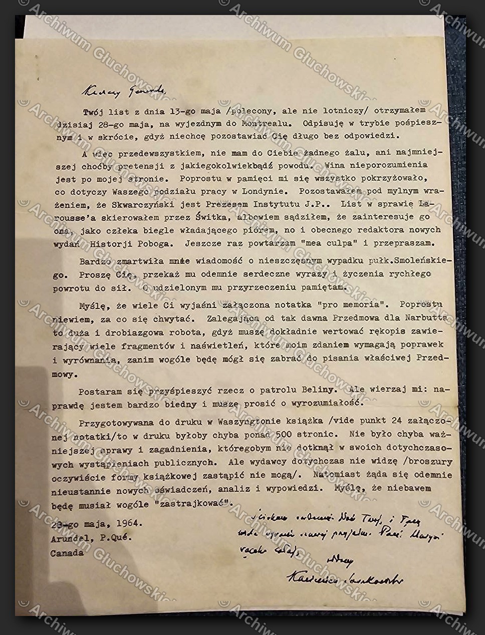 List gen. Kazimierza Sosnkowskiego z Kanady do gen. Głuchowskiego — 28 V 1964, Arundel, P.Qué.
