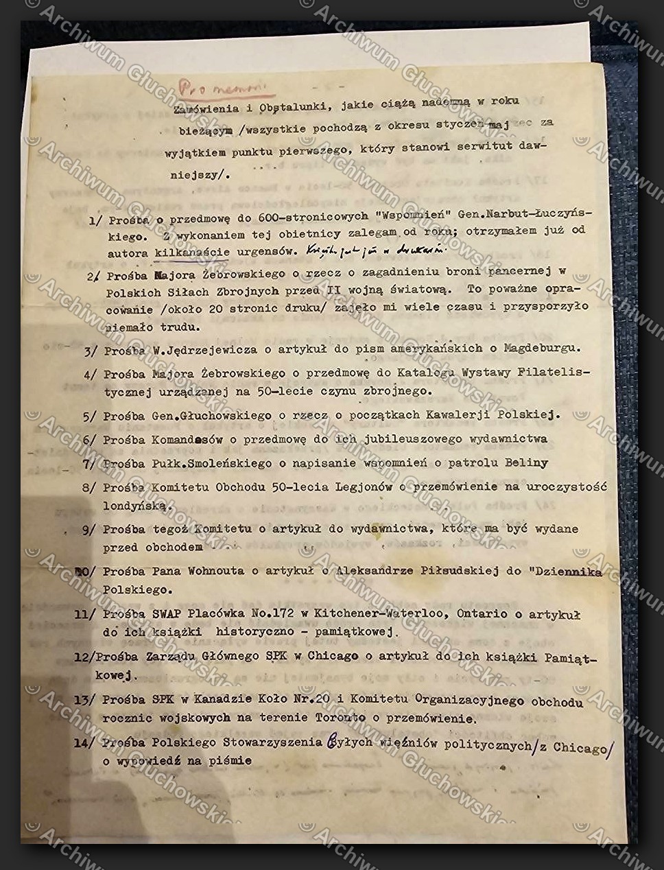 Pro memoria Sosnkowski — str.1 (proby poz.1-14, w tym Janusz Gluchowski o Kawalerji Polskiej) (element ARG/II/177)