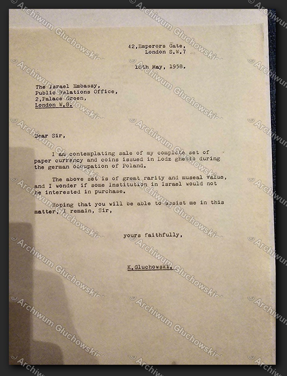 List K. Głuchowskiego do Ambasady Izraela — oferta sprzedaży walut i monet getta łódzkiego, 13.V.1958