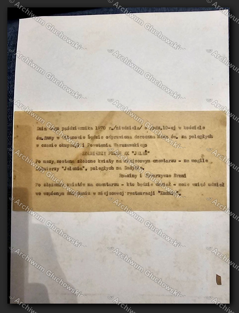 Zaproszenie na mszę rocznicową za poległych żołnierzy AK 'JELEŃ' — Wilanów, 4.X.1970