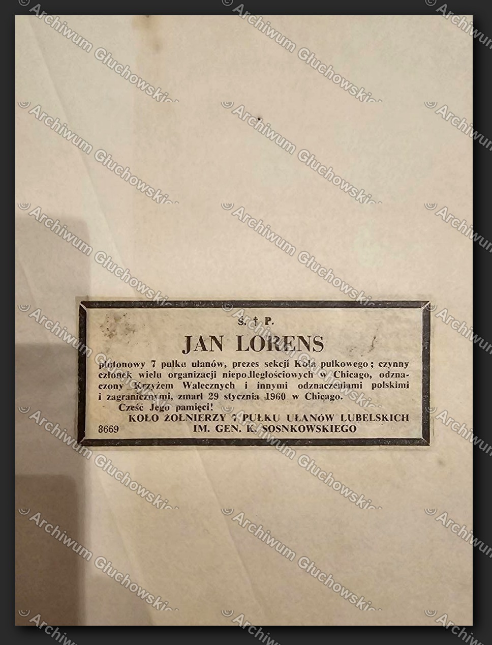 Nekrolog plut. Jana Lorensa — 7 P.Uł., prezes sekcji Koła pułkowego, Chicago 28.I.1960