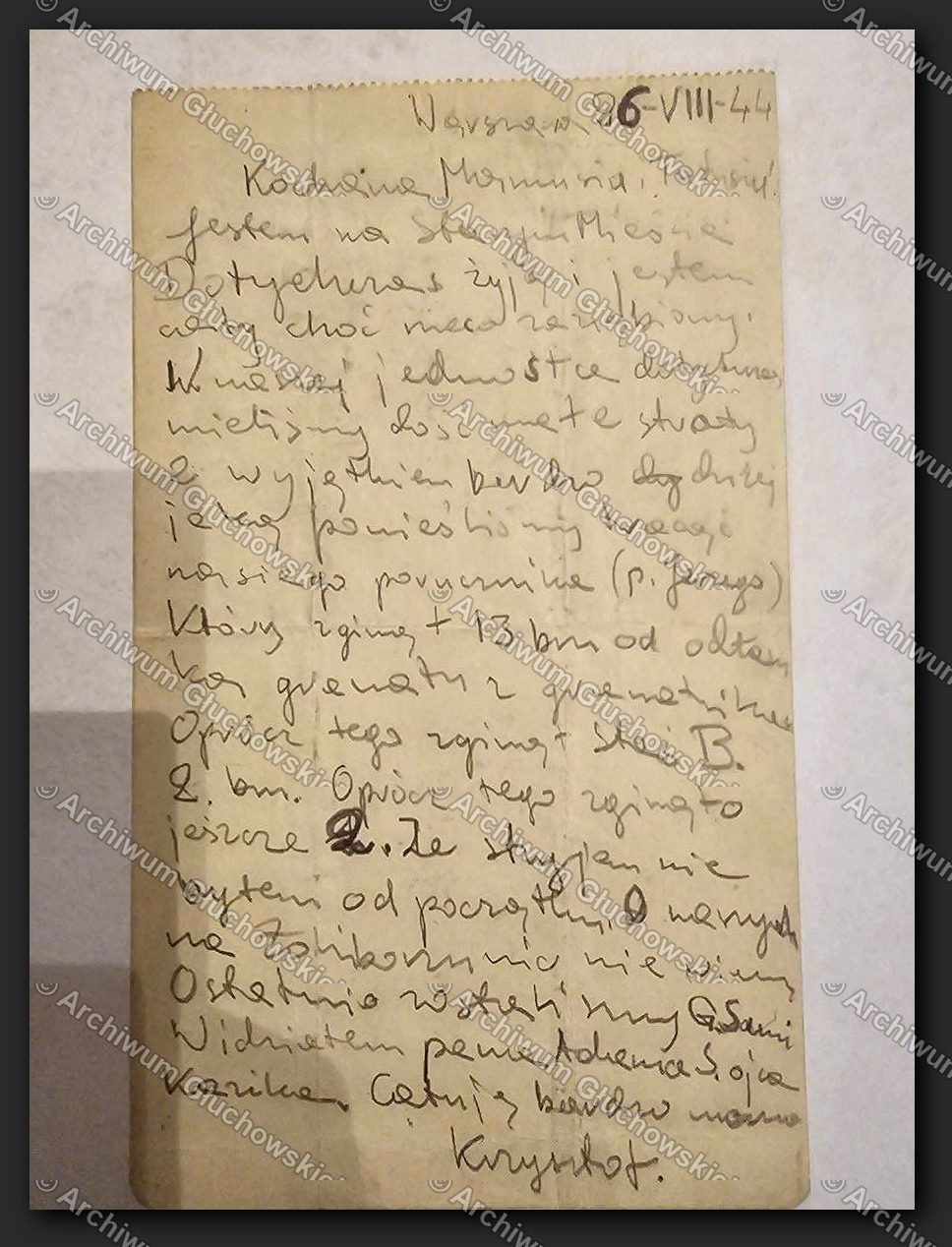 List Krzysztofa do rodziców z Powstania — 'Dotychczas żyję i jestem cały' — Warszawa, 26.VIII.1944