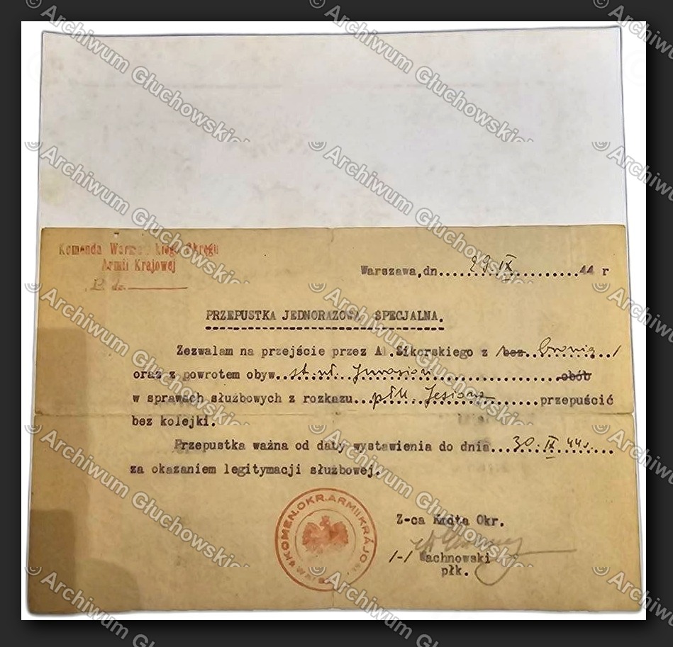 Przepustka Jednorazowa Specjalna AK — przejście przez Al. Sikorskiego, podpis płk. Wachnowskiego (Ziemskiego), 29.IX.1944