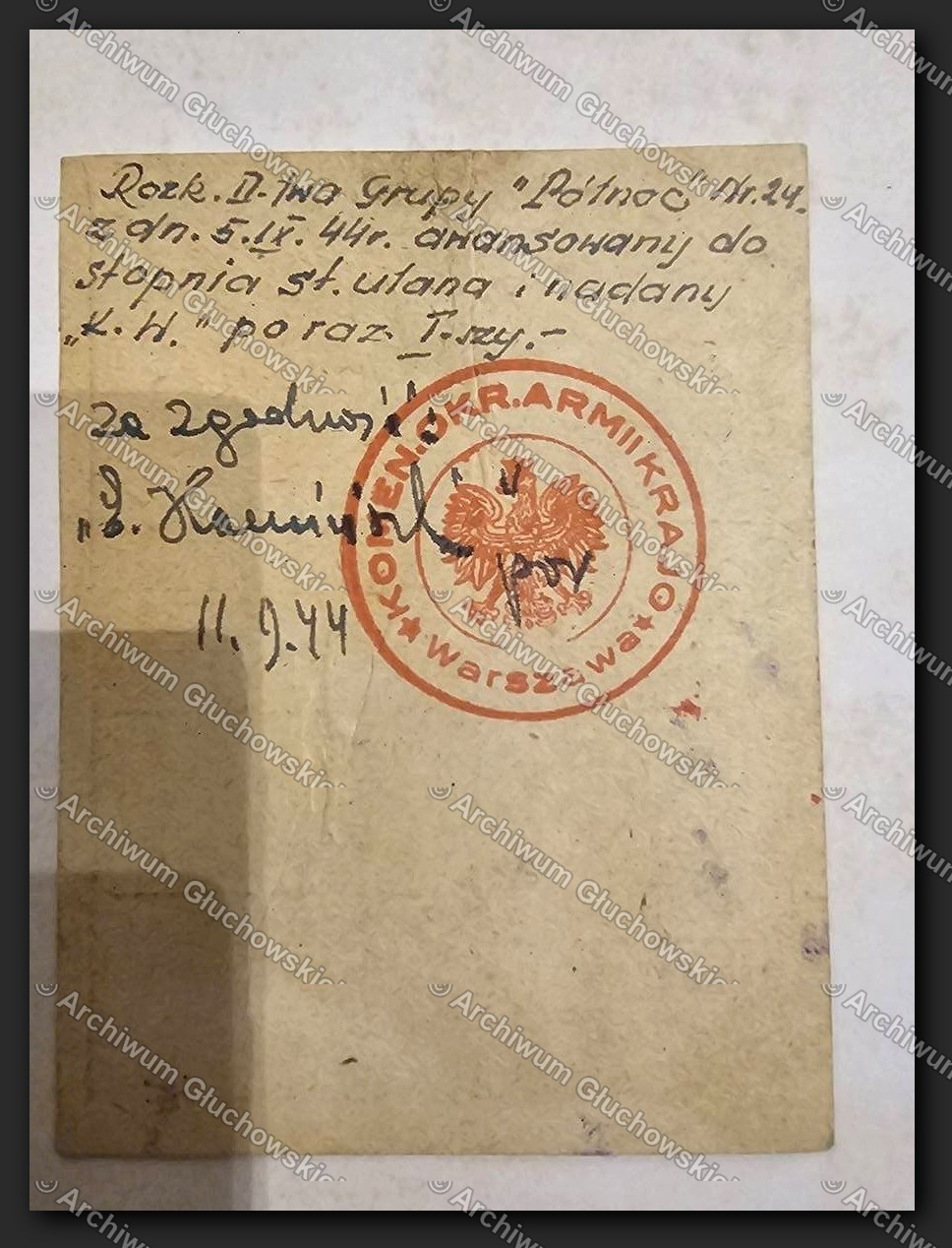Odpis rozkazu D-cy Grupy 'Północ' Nr 24 — awans na st.uł. i nadanie Krzyża Walecznych, 5.IX.1944, potwierdzony przez Ziemskiego 11.IX.1944