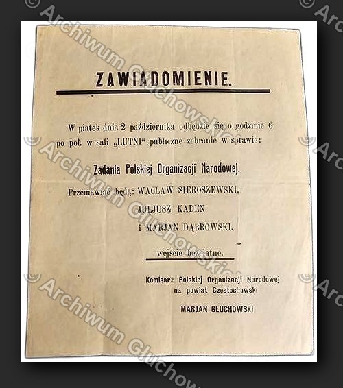 Afisz PON — zawiadomienie o zebraniu w sali 'Lutni'