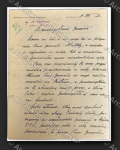 List pożegnalny gen. Michała Dąbkowskiego (d-cy 7 DP) — pochwała pracy Głuchowskiego w Centrum