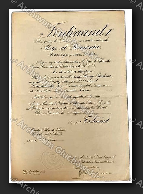 Dekret Króla Rumunii Ferdynanda I — Ordinul Steaua României w stopniu KOMANDORA (1.VIII.1923)