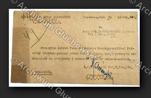 Pismo MSWojsk — dekret Prezydenta RP upoważniający płk. Głuchowskiego do przyjęcia i noszenia orderów zagranicznych, 29.XI.1925