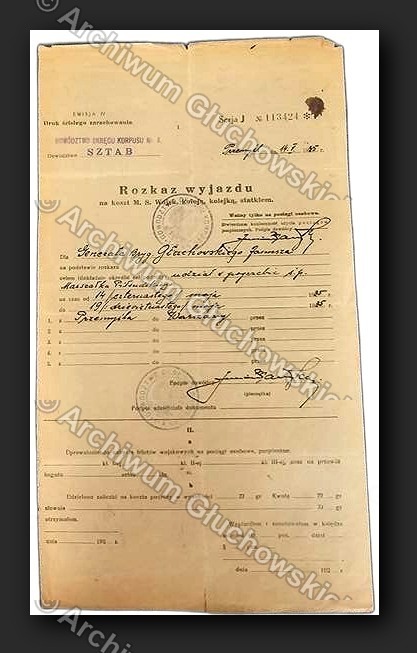Rozkaz wyjazdu — D-wo Okręgu Korpusu, Przemyśl, gen.bryg. Głuchowski Janusz