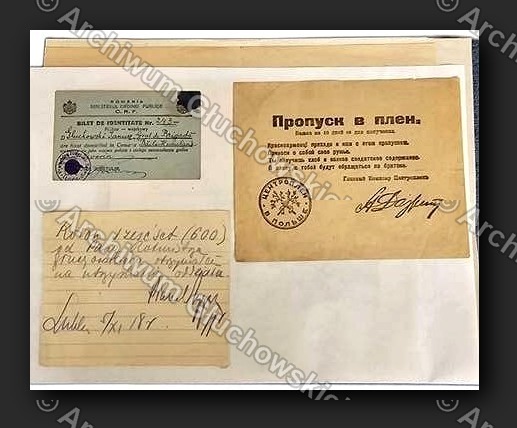 Zestaw 3 dokumentów (bilet rumuński + rosyjski Propusk + karta) — Janusz Głuchowski, ok. 1918
