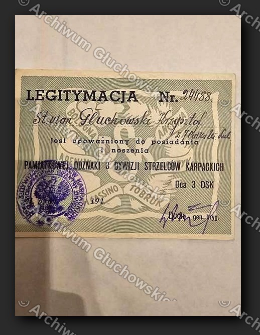 Legitymacja odznaki 3 Dywizji Strzelców Karpackich