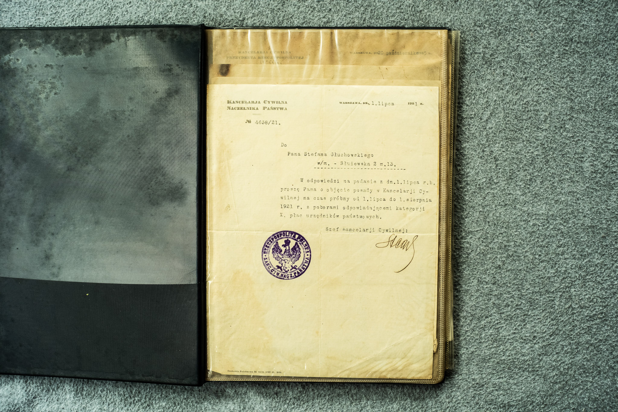 Pismo Kancelarji Cywilnej Naczelnika Państwa do Stefana Głuchowskiego z 1.VII.1921, № 4638/21 — propozycja próbnego objęcia posady (próba 1 mies., kategorja X)