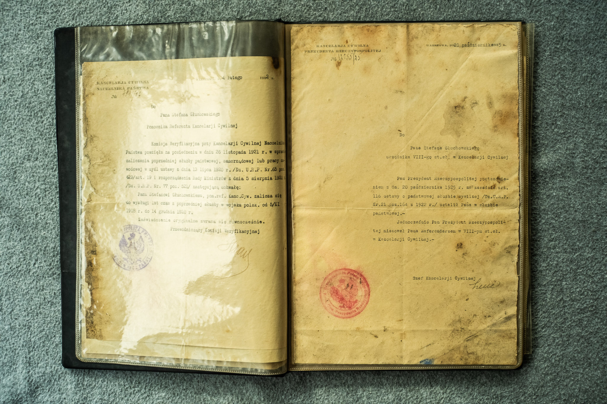 Pismo Kancelarji Cywilnej Prezydenta RP — postanowienie Prezydenta z 20.X.1925 zatwierdzające Stefana Głuchowskiego w VIII-pj st-ej Kancelarji Cywilnej, datowane 31.X.1925