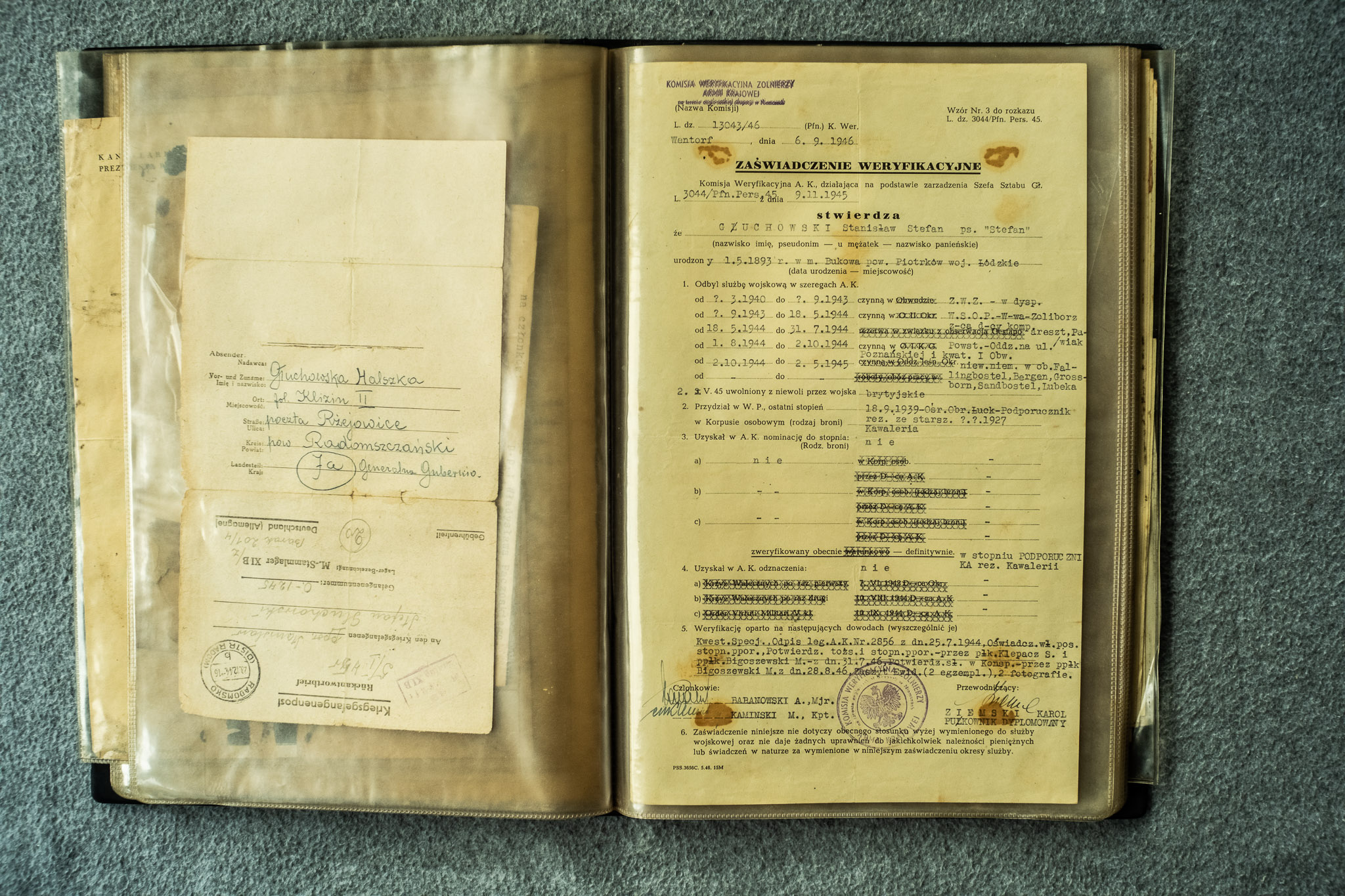 ZAŚWIADCZENIE WERYFIKACYJNE Komisji Weryfikacyjnej AK dla Stanisława Stefana Głuchowskiego ps. Stefan, 4.V.1946, L.dz. 13041/45