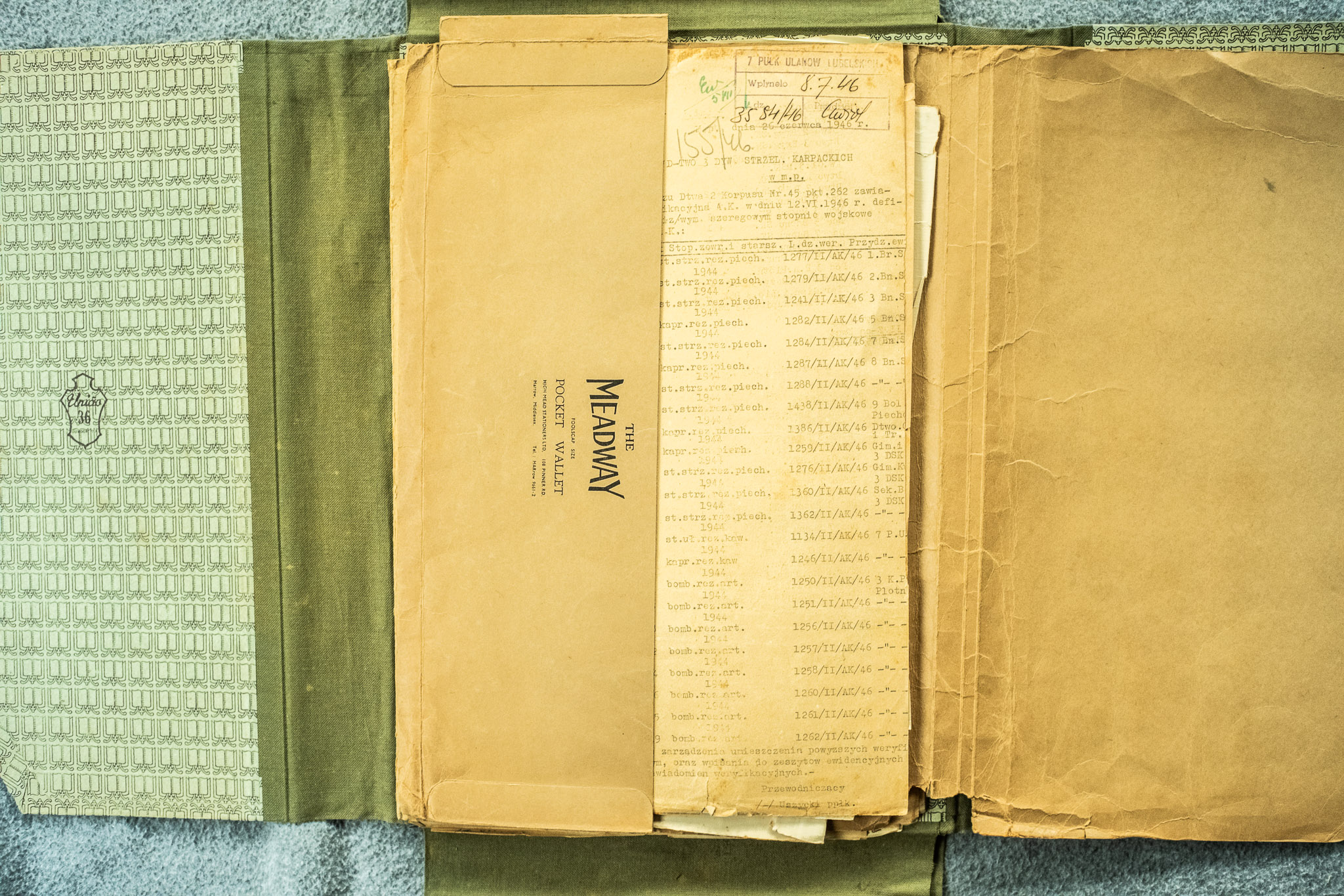 Lista strat 7 Pulku Ulanow Lubelskich — maszynopis A4 w kopercie "THE MEADWAY POCKET WALLET", 8.X.1946, 30 50/46