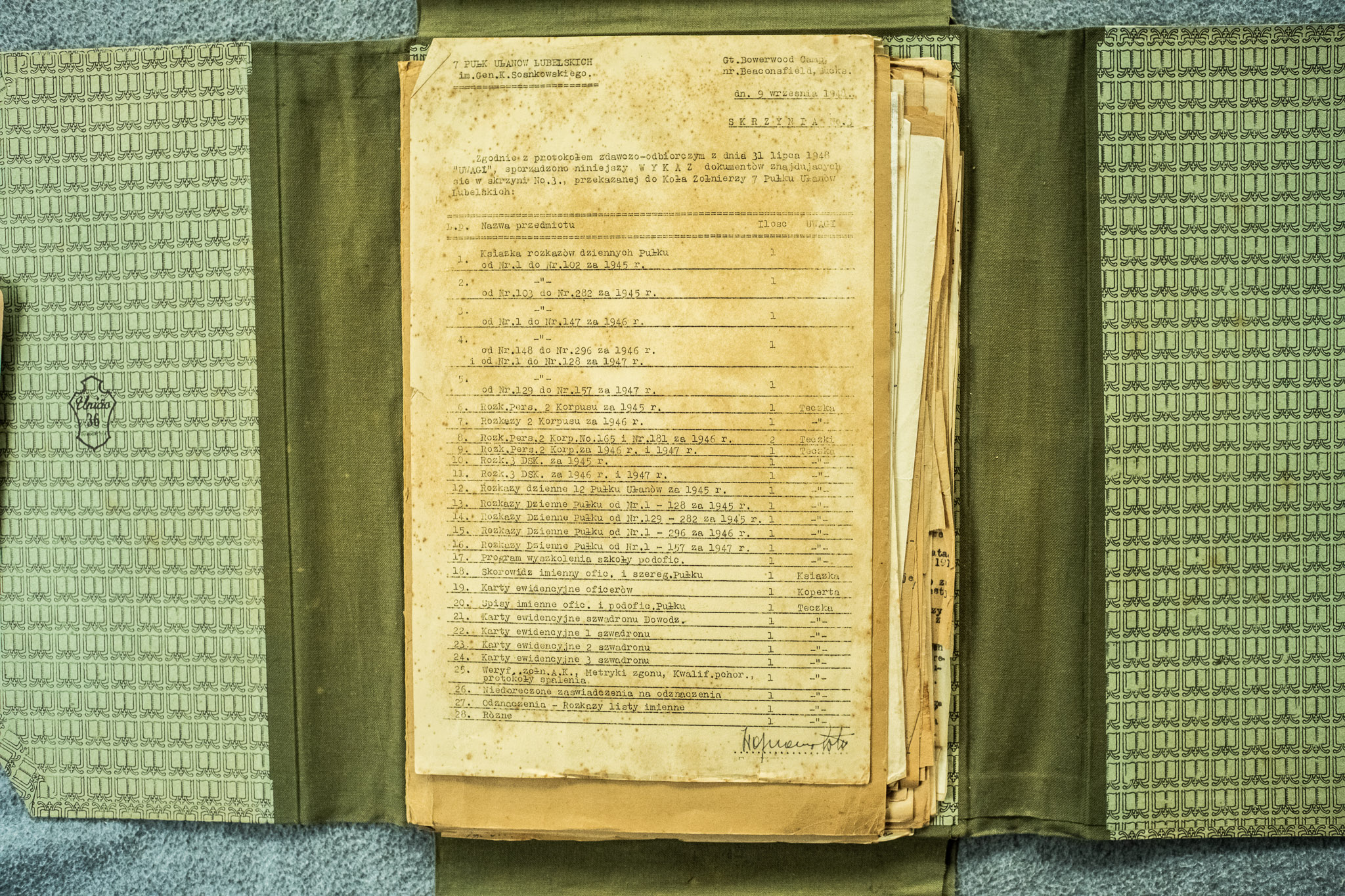 Druga strona spisu archiwum 7 P.UL. Lubelskich Brentwood 9.IX.1948 — kontynuacja listy pozycji (DSCF6967)