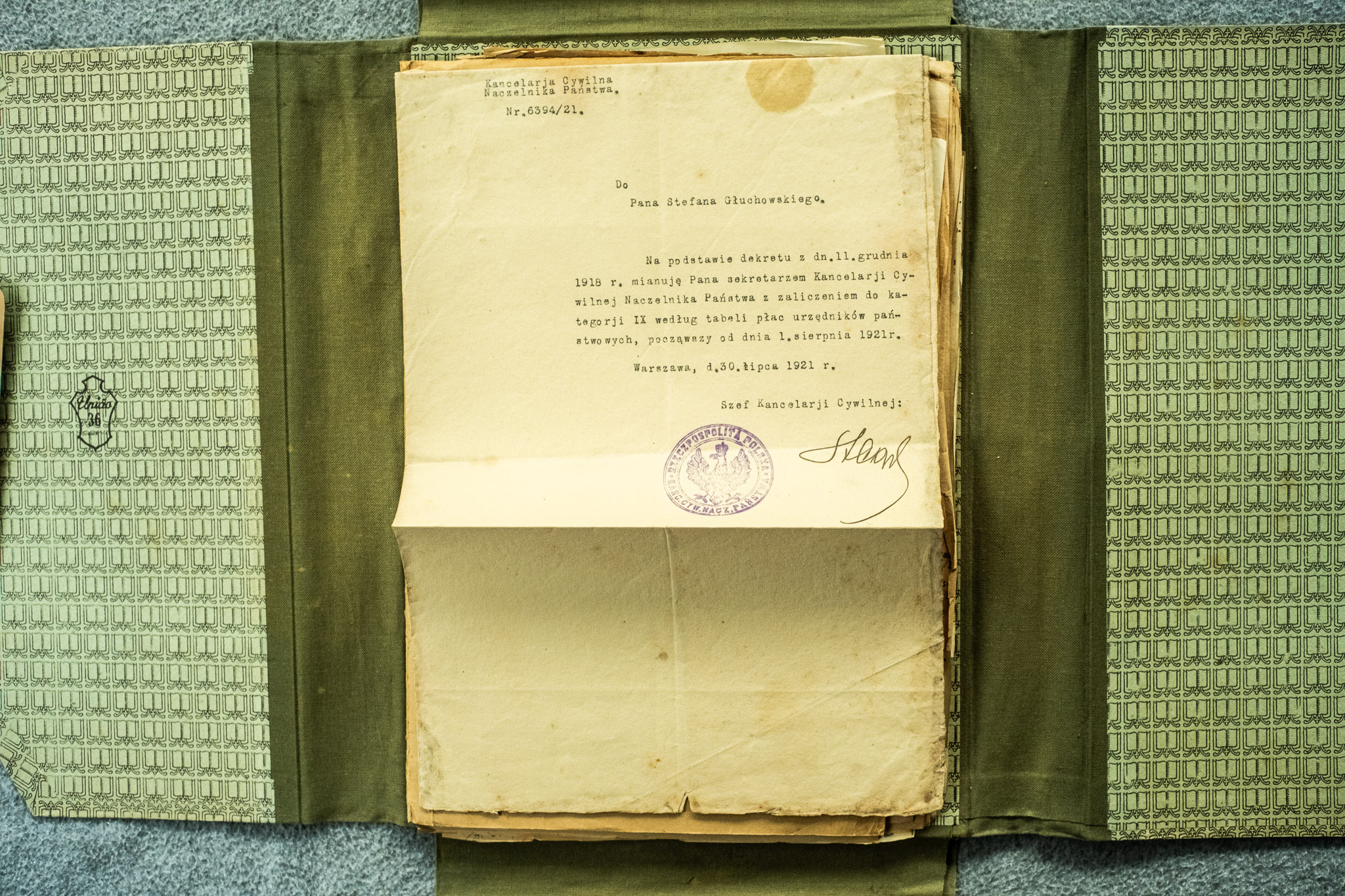 ★★★★★ Pismo Szefa Kanc. Cyw. Naczelnika Państwa do Stefana Głuchowskiego, Warszawa 25.VII.1921, Nr 6594/21 — MIANOWANIE SEKRETARZEM Kancelarji od 1.VIII.1921 (DSCF6982) — uzupełnia chronologię kariery Stefana w Kanc. Cyw.