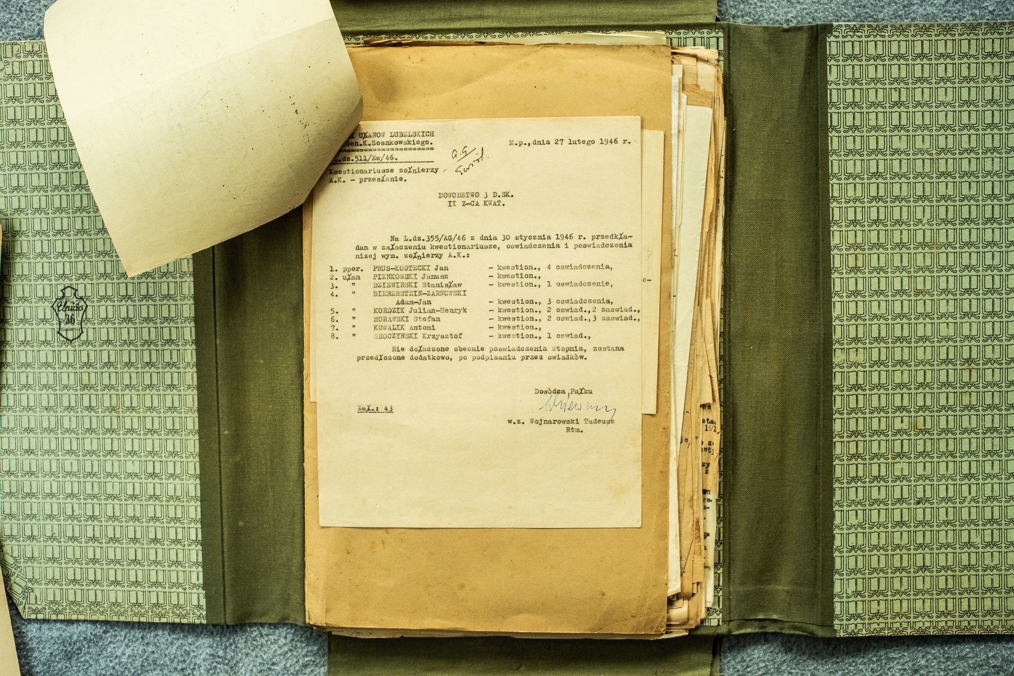 ★★★★ Pismo dowódcy 7 P.UŁ. Wojnerowskiego z 27.II.1946 — LISTA 8 OFICERÓW/ŻOŁNIERZY w tym KRECTOSEKI Krzysztof (możliwie KRZYSZTOF GŁUCHOWSKI?) (DSCF6984)