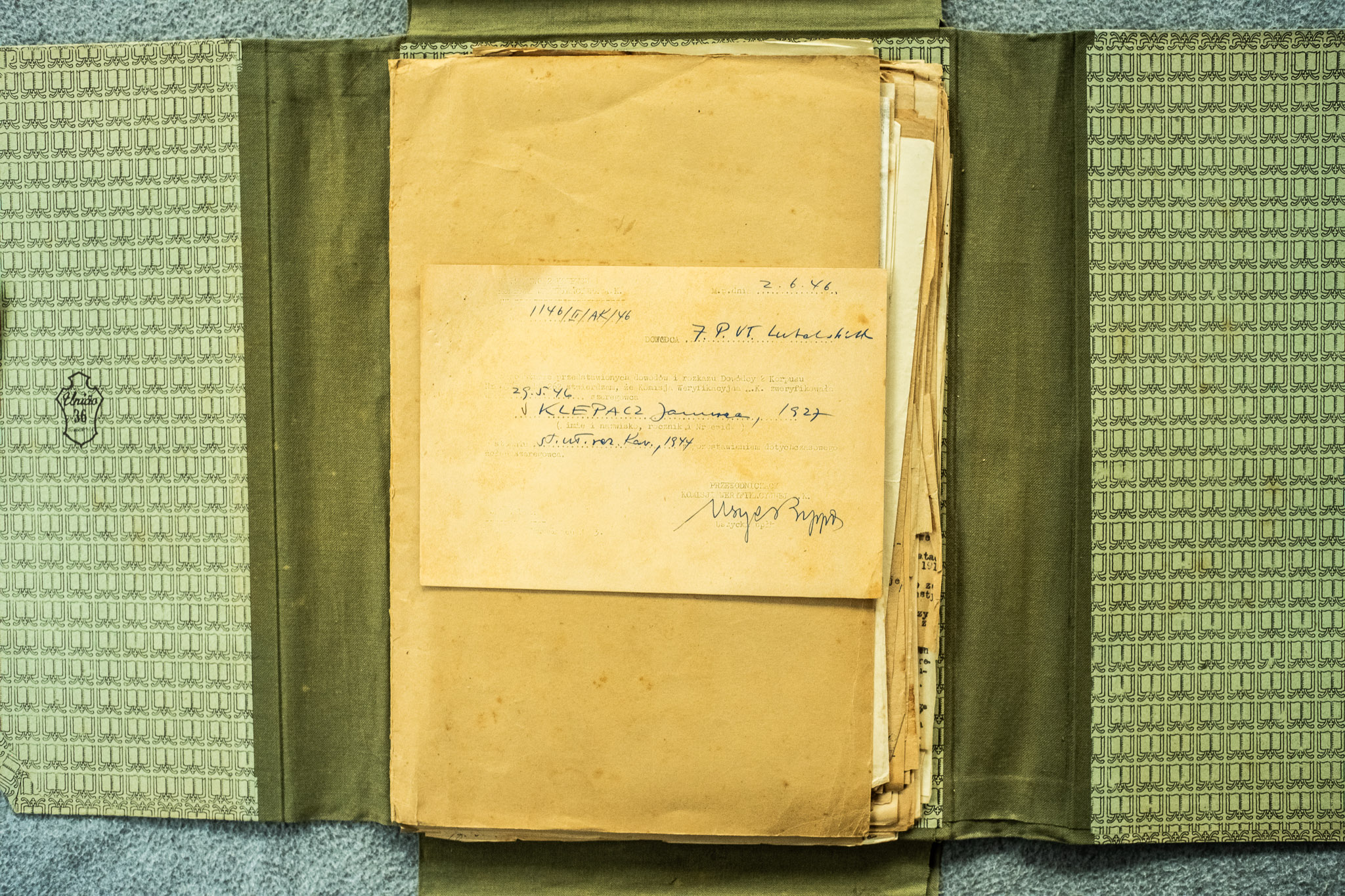 Weryfikacja AK KLEPACZ Janusz r.1927 — 7 P.UŁ. Lubelskich, M.p. 25.5.1946, L.dz. 1146/8/AK/46, st.uł. r.o. nez. 1944, podpis Wojnerowski (DSCF6987)