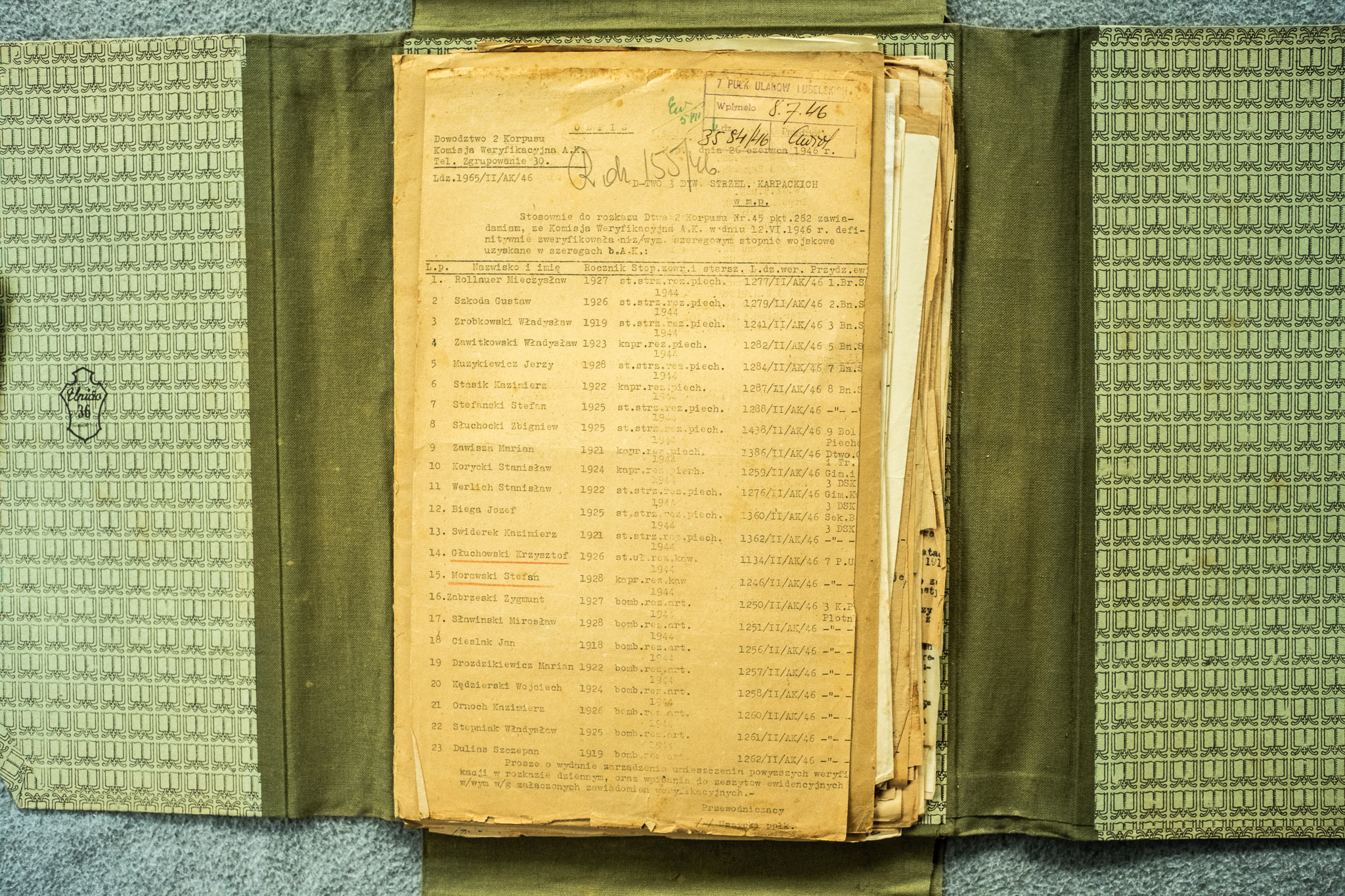 ★★★★★ PEŁNA LISTA 23 ŻOŁNIERZY 7 P.UŁ. weryfikowanych przez Komisję Weryfikacyjną AK, M.p. 5.7.46, Wpłynął 5.7.46 — DOWÓDZTWO 2 KORPUSU, Komisja Weryfikacyjna A.K., podpis Mawszys (DSCF6988)