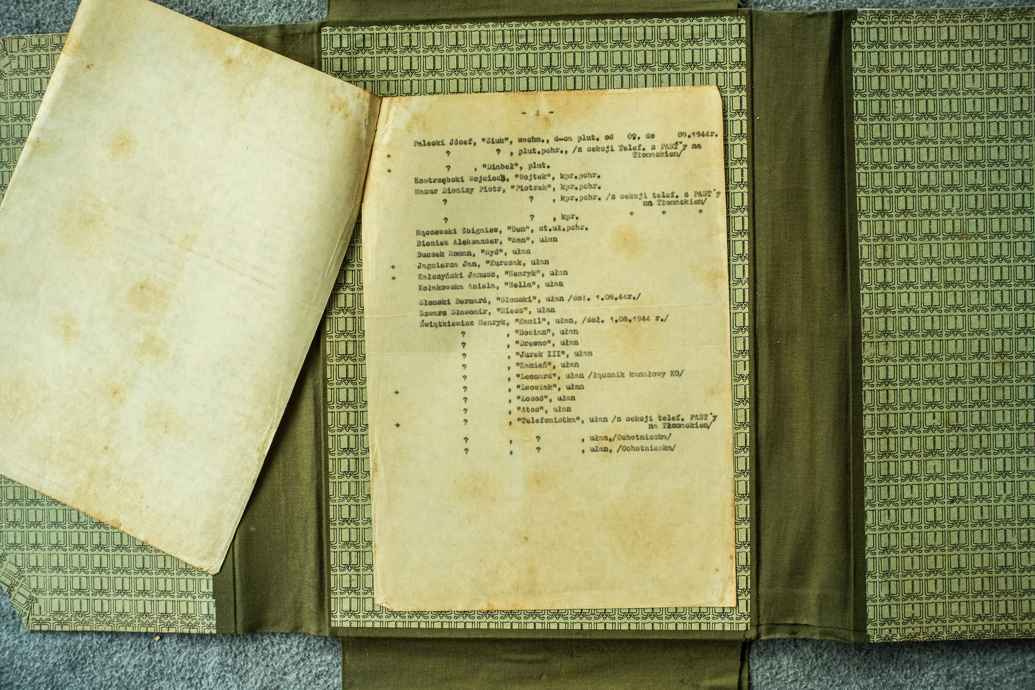 ★★★★★ Druga strona LISTY OFICERÓW 7 P.UŁ. Z PSEUDONIMAMI — kontynuacja (~30 dalszych pozycji), w tym "Drud" przy nazwisku "Czasiu Ifaczstof Naonęte" (DSCF6997, 2048px)