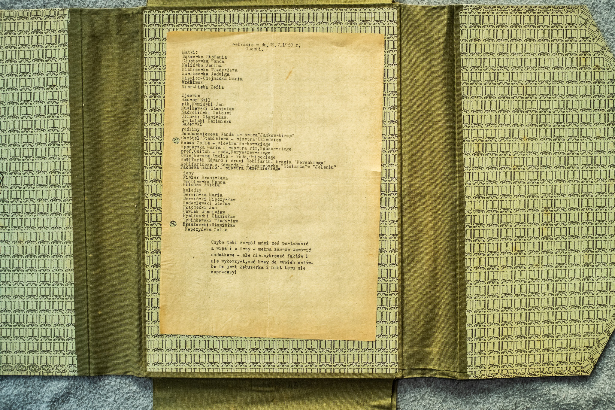 Lista obecnosci na zebraniu 28.7.1960 r. - 28+ nazwisk po roli rodzinnej