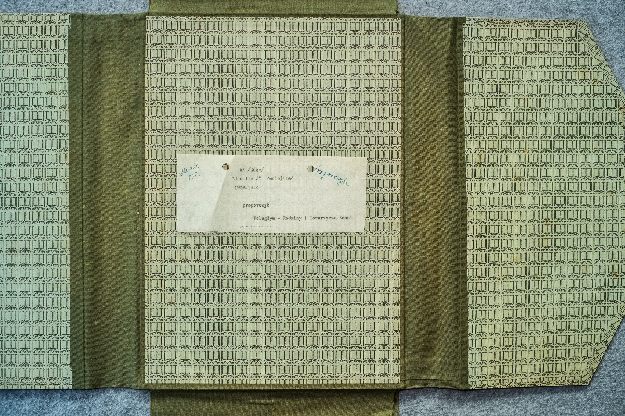 Kartka identyfikacyjna z napisem "Wklad p1 / 2 a la X (proboszcz) / 1934/1941 / proporzyk / Polonijny — Rodziny i Towarzystwo Brani" — etykieta z teczki JELEN (DSCF7185)