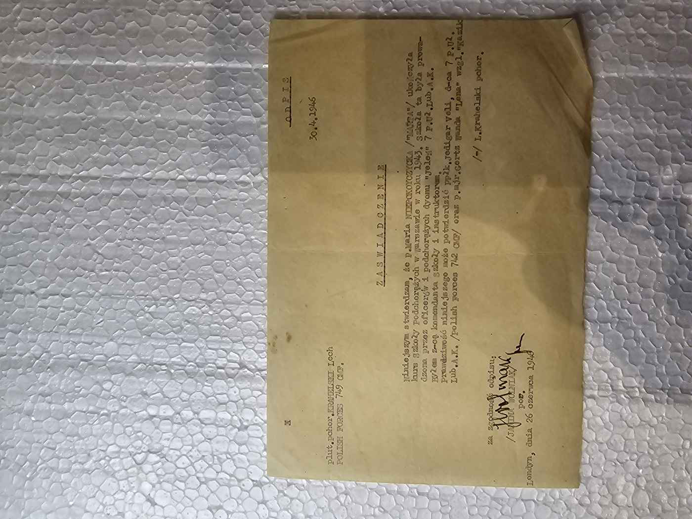 Zaświadczenie AK — Szkoła Podchorążych Dywizjonu "Jeleń" 7 P.Uł., Londyn 1946