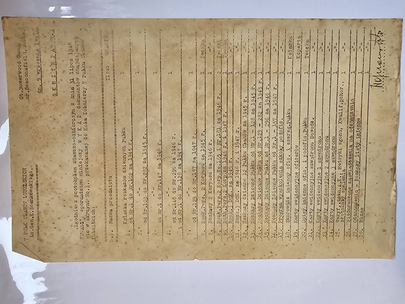 Wykaz Skrzyni Nr 3 — egz.1 (element ARG/VII/47)