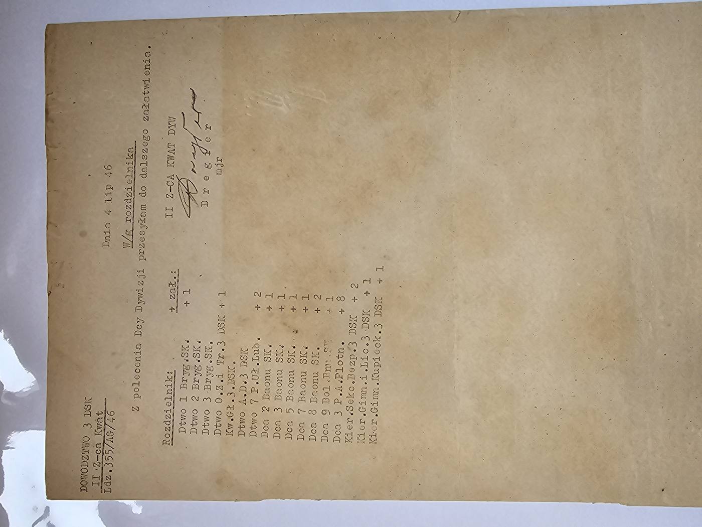 Rozdzielnik Dreglera — przesyłka do 17 jednostek 3 DSK (Bryg.SK, Bsony, Pułki) 4.VII.1946