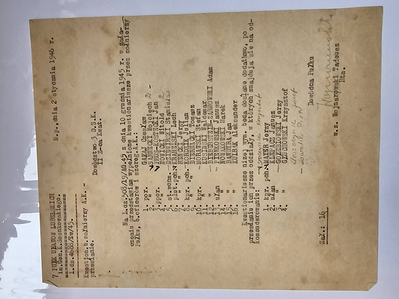 Lista wysylkowa Wojnarowskiego — 16 kwestionariuszy (batch I) 7 Pulk Ulanow Lubelskich — DOKUMENT FUNDACYJNY