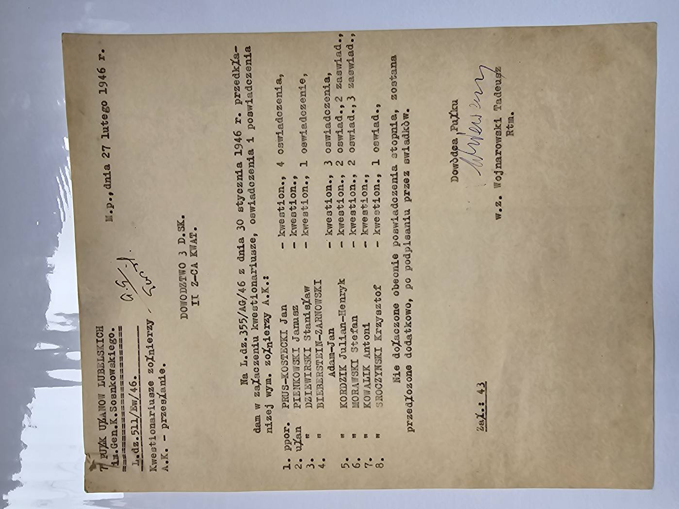 Lista wysylkowa Wojnarowskiego — batch III (8 osob 43 zal.) 7 Pulk Ulanow Lubelskich