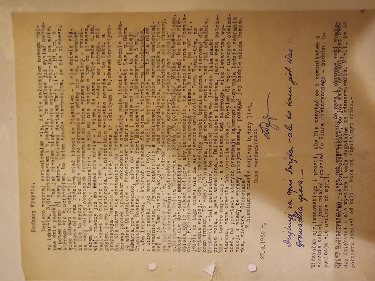 List Kopczyńskiej: DATA 27.IV.1960 — adres Dziedzicowych, Bukowska=siostra Szcze...