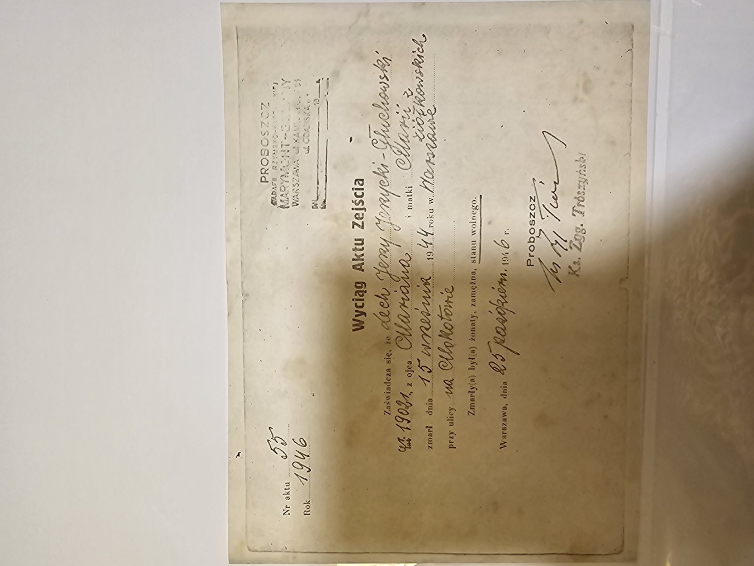 Wyciąg Aktu Zejścia Nr 55/1946 – Lech Jerzy Jerycki-Głuchowski, ur. ~1921, ojciec Marian, poległ 15 IX 1944 na Mokotowie