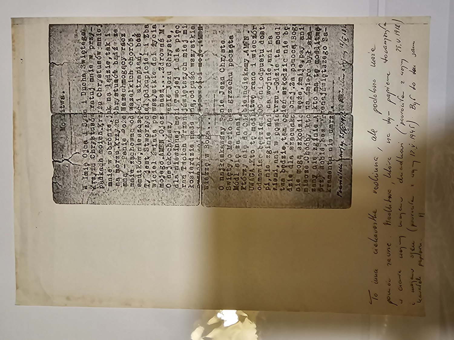 Fotokopia modlitwy wojennej + nota archiwalna 'Il.' – talizman z I i II wojny (dziadek 1918, ojciec 1945)