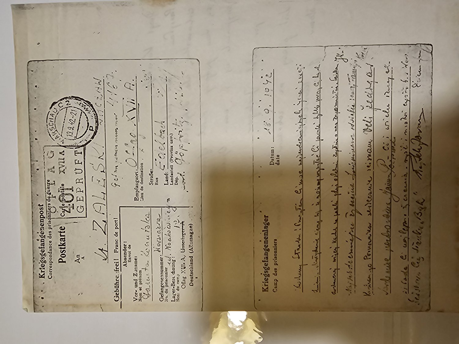 Kriegsgefangenenpost, Oflag XVII A – postkarta do A. Zaleskiego + list obozowy 'Kochany Stasiu!' – IX/X 1942
