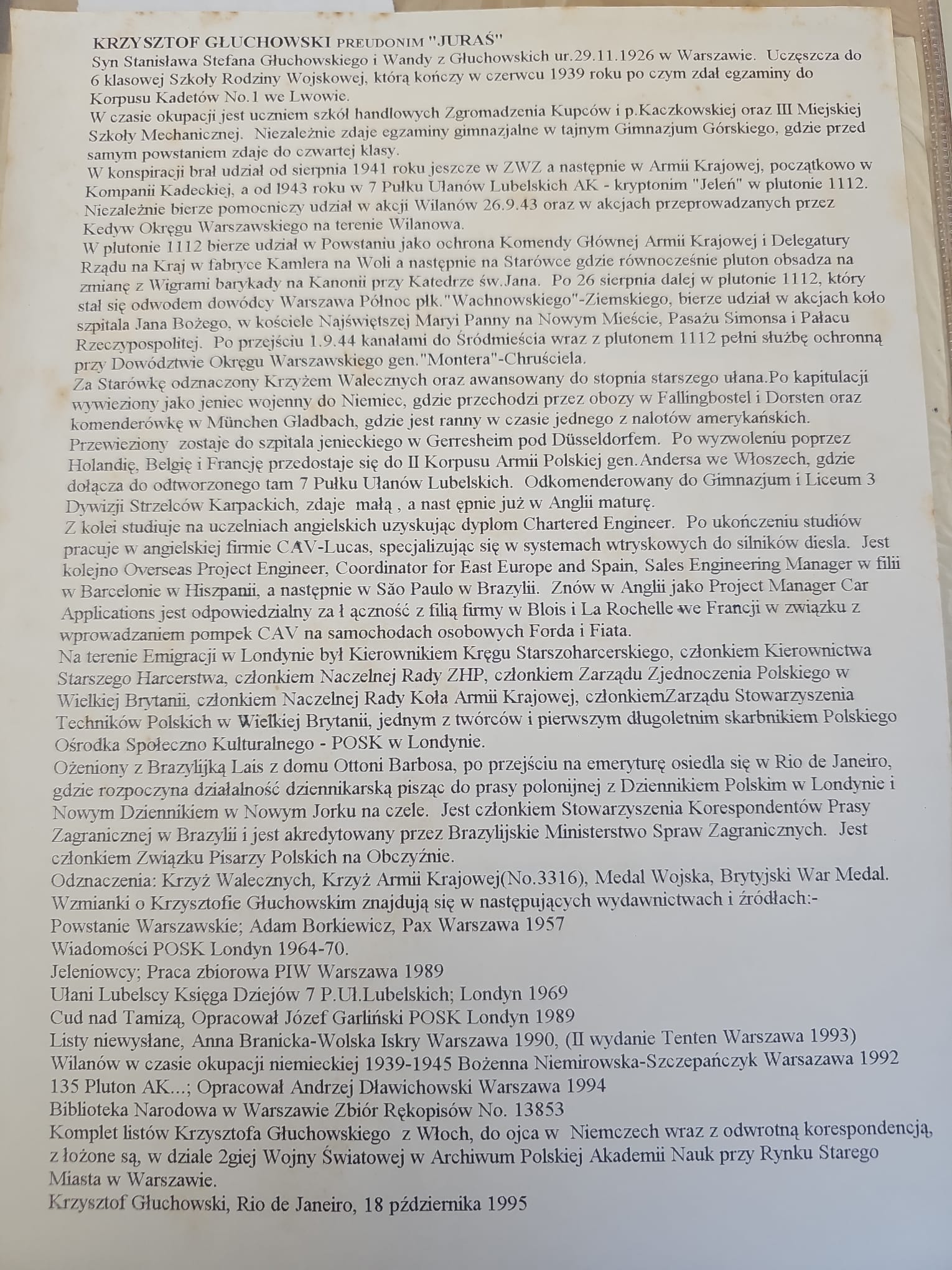 Biogram Krzysztofa Głuchowskiego ps. 'Juraś' — maszynopis autobiograficzny