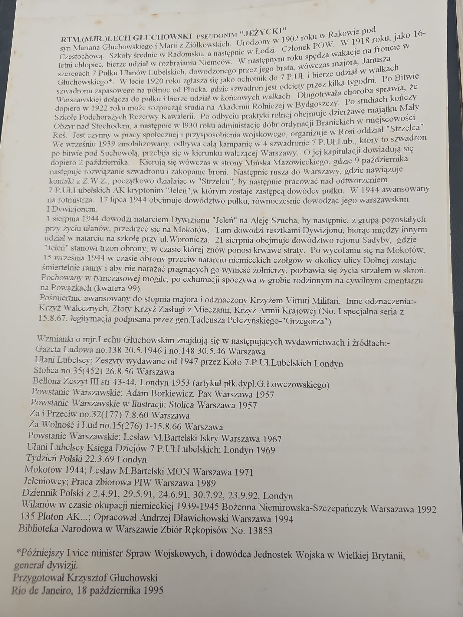 Biogram rtm. Lecha Jerzego Głuchowskiego ps. 'Jeżycki' — maszynopis Krzysztofa Głuchowskiego, 1995