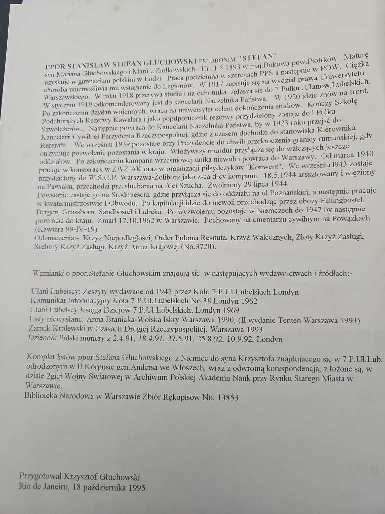 Biogram ppor. Stanisława Stefana Głuchowskiego ps. 'Stefan' — maszynopis Krzysztofa Głuchowskiego