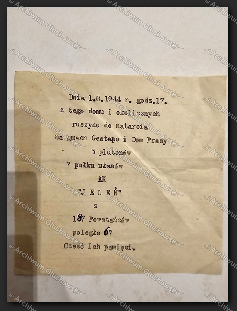 Tablica pamiątkowa — atak na gmach Gestapo 1.VIII.1944, 7 p.ul. AK Jeleń, 187 powstańców, 67 poległo