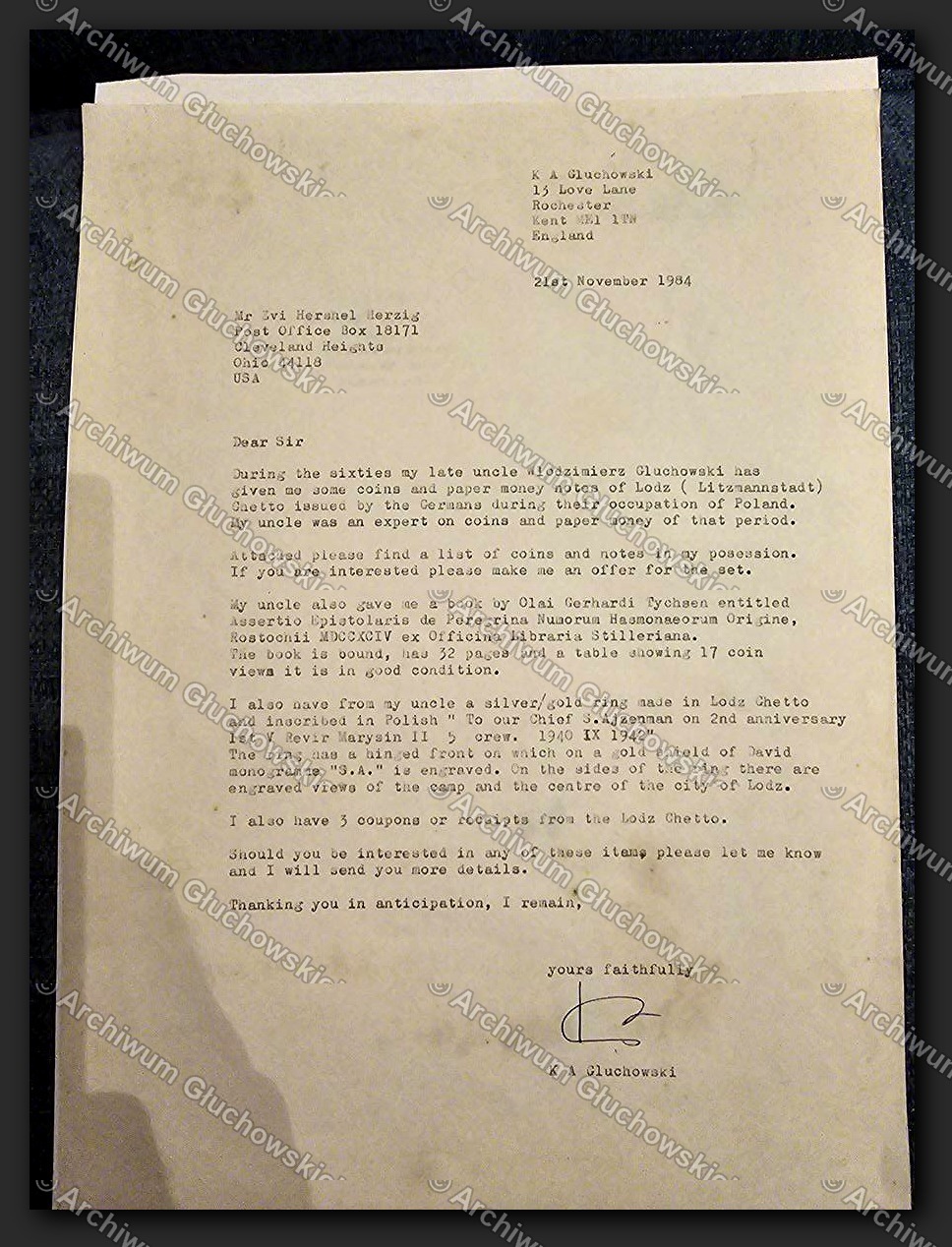 List K.A. Głuchowskiego do Col. Bermana w Cleveland OH — oferta sprzedaży pamiątek, Londyn 21.XI.1984