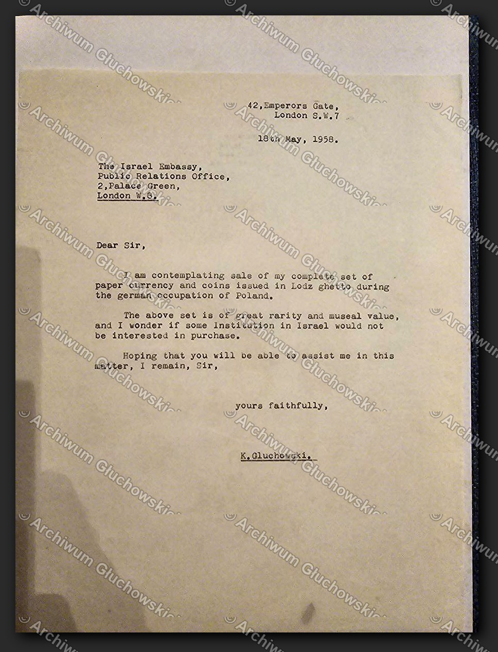 List K. Głuchowskiego do Ambasady Izraela — oferta sprzedaży kompletnego zestawu waluty getta łódzkiego, Londyn 18.V.1958