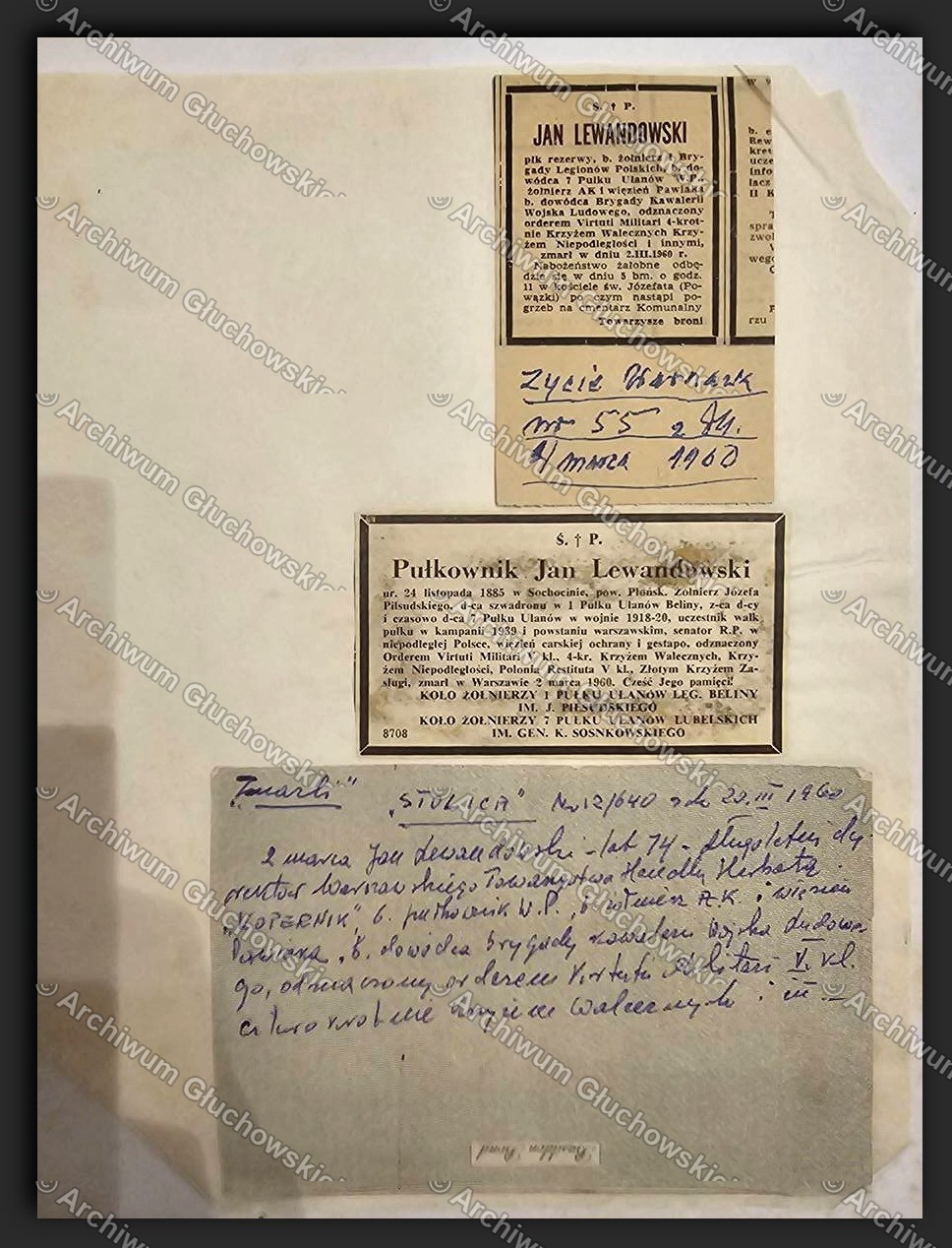 Nekrologi płk. Jana Lewandowskiego — wycinki prasowe z adnotacją odręczną, ok. 1960