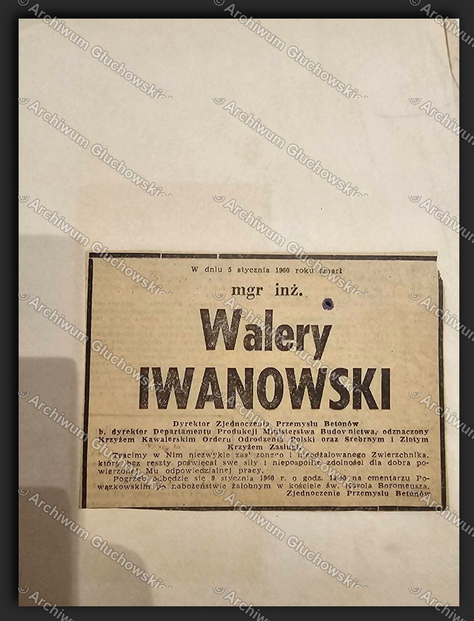 Nekrolog mgr inż. Walerego Iwanowskiego (zm. 5.I.1969) — 5 wycinków + album
