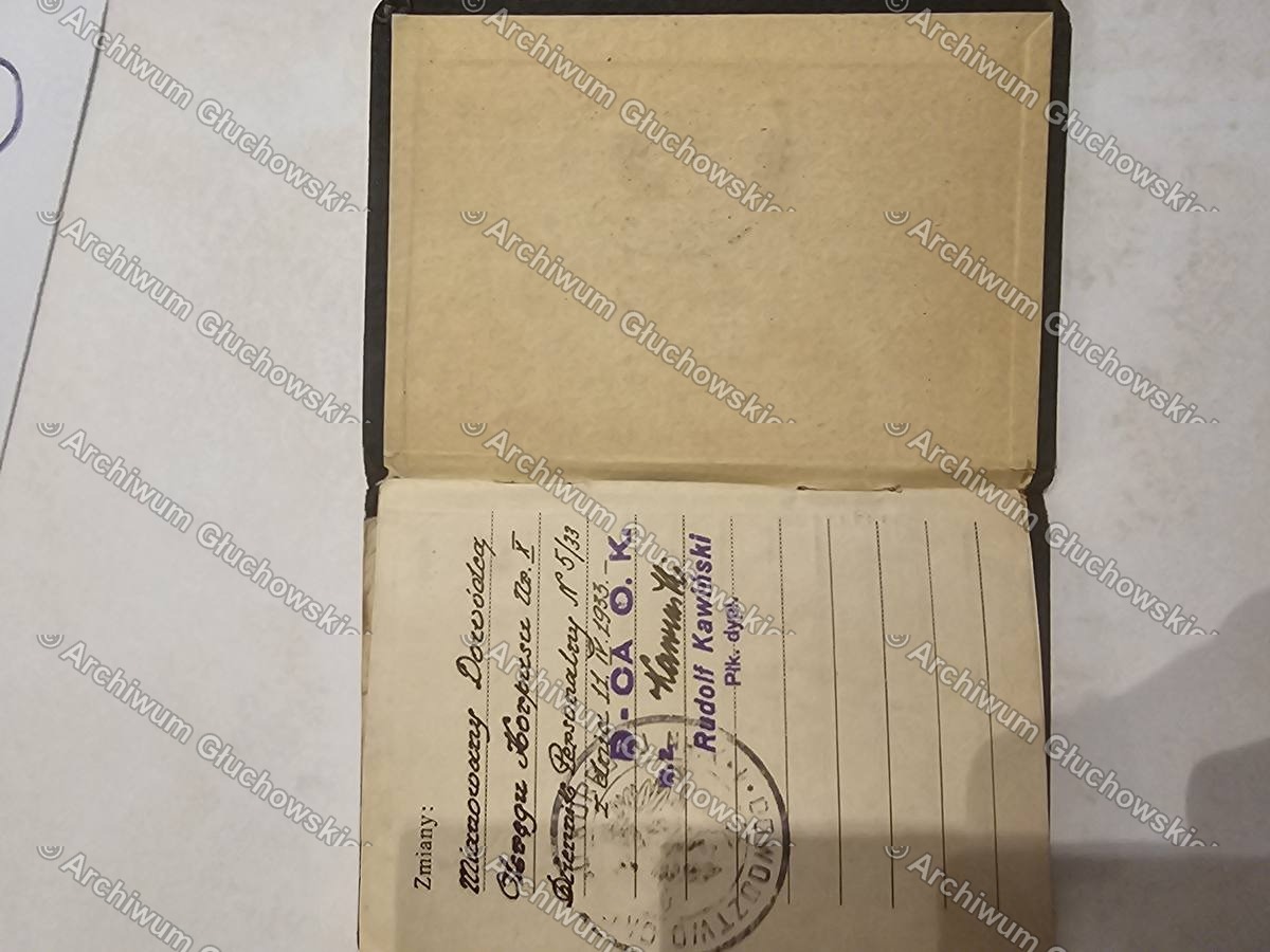 Legitymacja Wojskowa — mianowanie Dowodca O.K.I 14.IV.1933 + tylna okladka