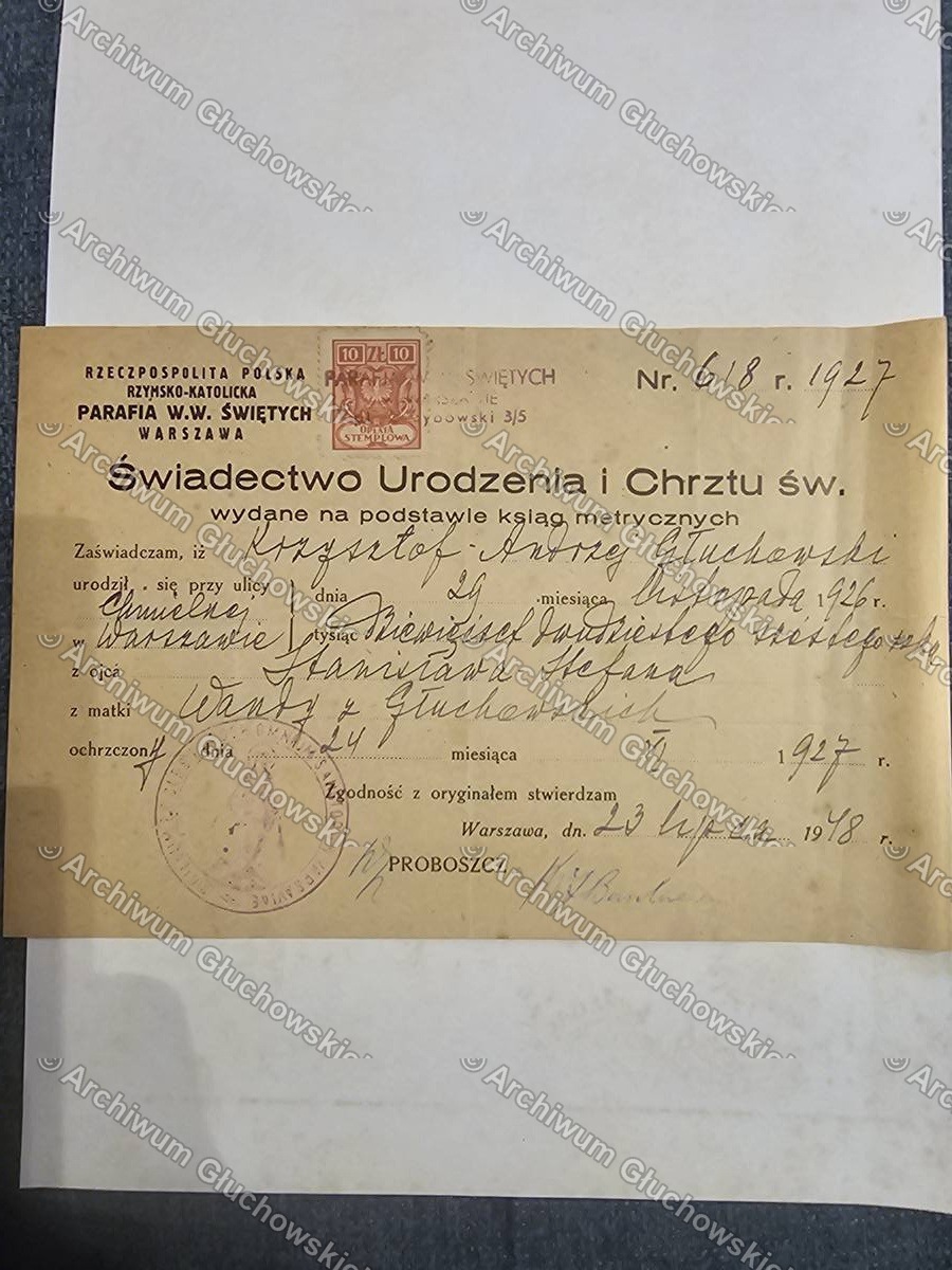 Świadectwo Urodzenia i Chrztu Św. — parafia warszawska, Nr 618, 1927