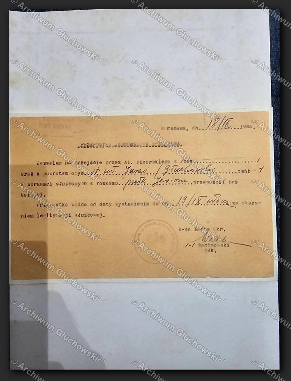 Dokumenty AK Krzysztofa Głuchowskiego — rozkaz awansu, pieczęć Komendanta AK Warszawa, IX.1944