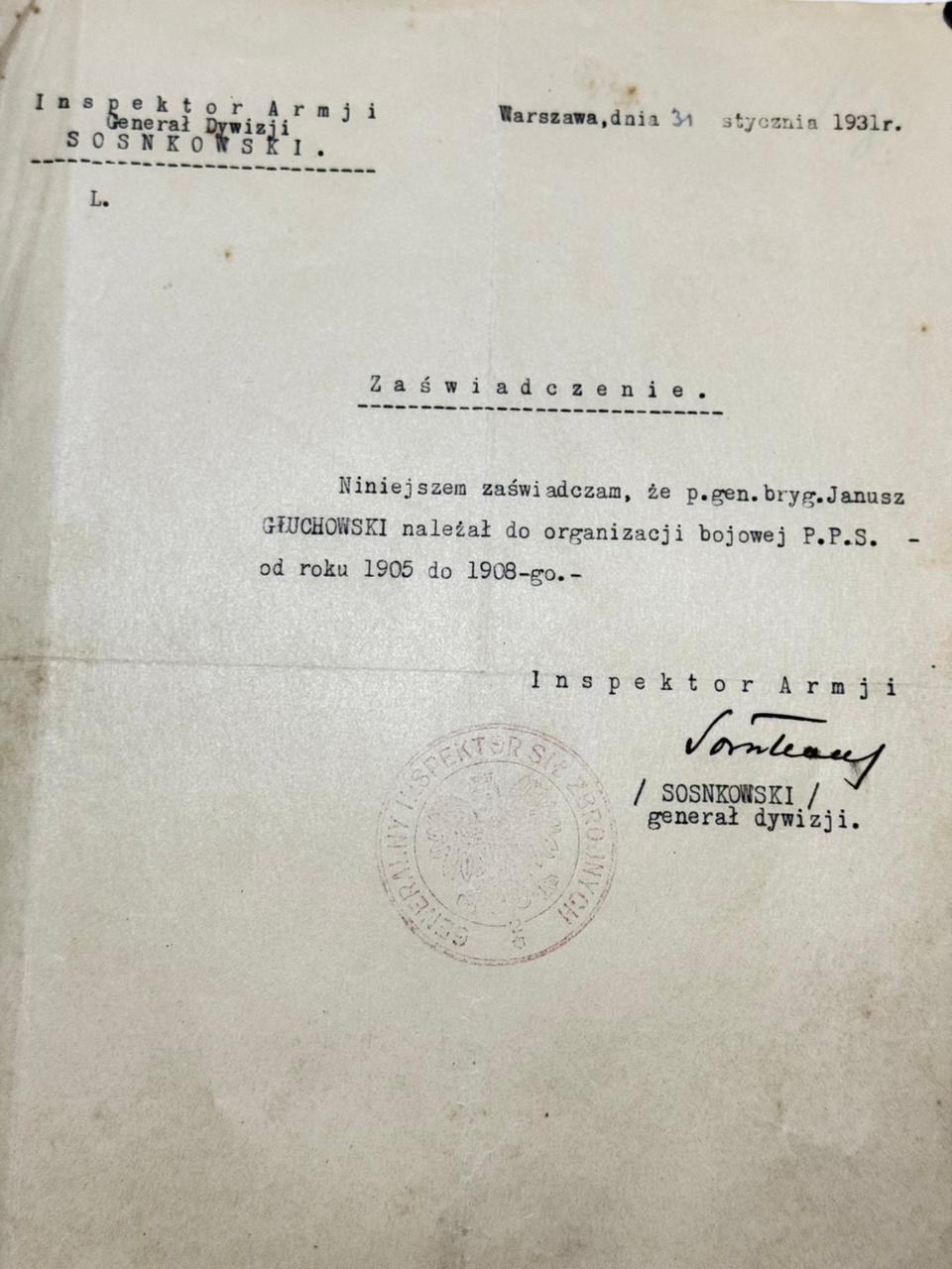 Zaświadczenie Sosnkowskiego o przynależności Janusza Głuchowskiego do OB PPS 1905–1908