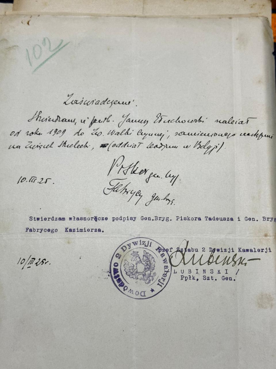 Zaświadczenie Piskora, Fabrycego i Lubieńskiego (2 Dywizja Kawalerji) o przynależności Janusza do Tow. Walki Czynnej w Belgii 1909